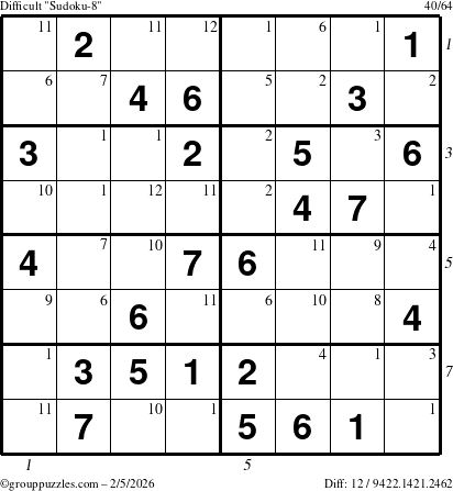 The grouppuzzles.com Difficult Sudoku-8 puzzle for Thursday February 5, 2026, suitable for printing, with all 12 steps marked