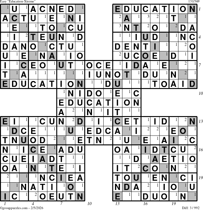 The grouppuzzles.com Easy Education-Xtreme puzzle for Thursday February 5, 2026, suitable for printing, with all 3 steps marked