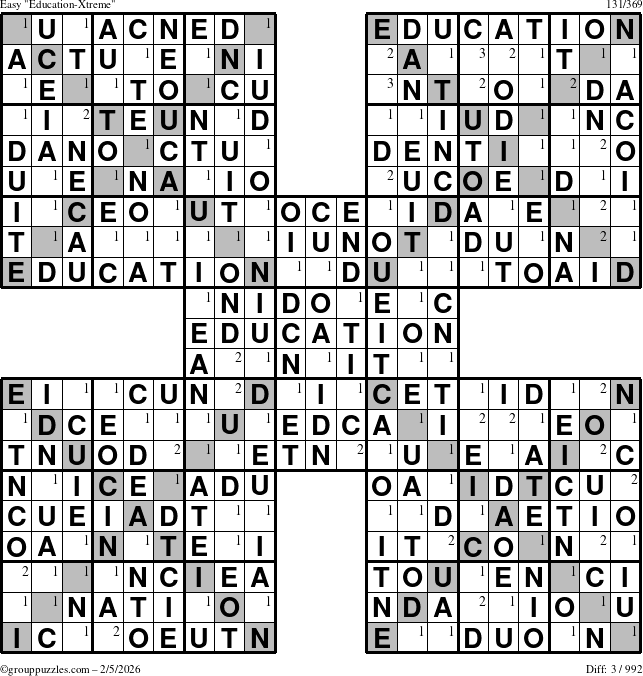 The grouppuzzles.com Easy Education-Xtreme puzzle for Thursday February 5, 2026 with the first 3 steps marked