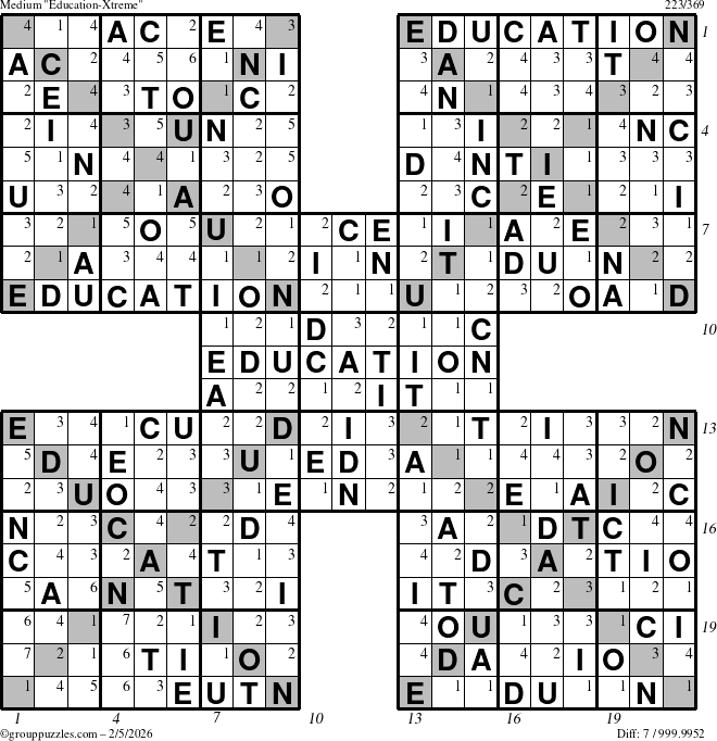 The grouppuzzles.com Medium Education-Xtreme puzzle for Thursday February 5, 2026 with all 7 steps marked