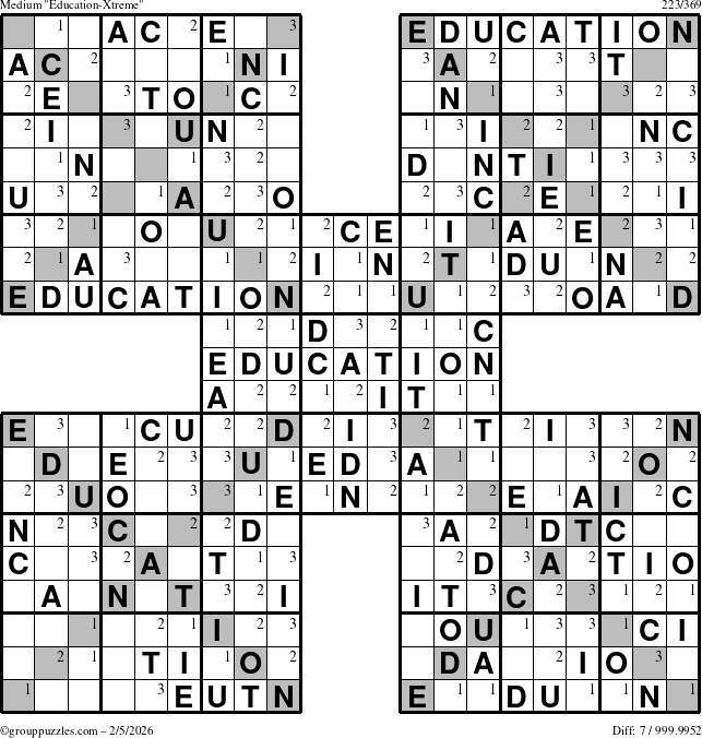 The grouppuzzles.com Medium Education-Xtreme puzzle for Thursday February 5, 2026 with the first 3 steps marked