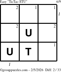 The grouppuzzles.com Easy TicTac-STU puzzle for Thursday February 5, 2026 with all 2 steps marked