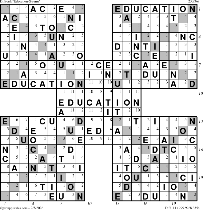 The grouppuzzles.com Difficult Education-Xtreme puzzle for Thursday February 5, 2026, suitable for printing, with all 11 steps marked