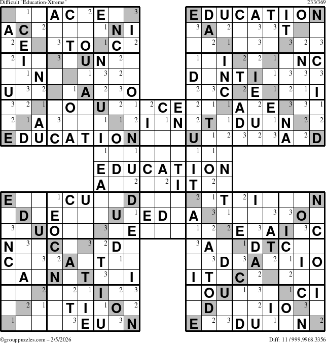 The grouppuzzles.com Difficult Education-Xtreme puzzle for Thursday February 5, 2026 with the first 3 steps marked