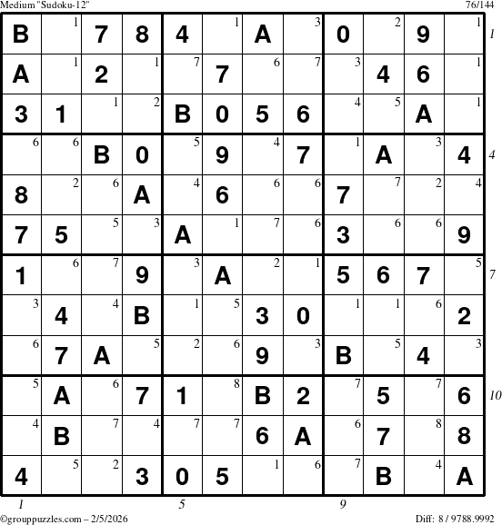 The grouppuzzles.com Medium Sudoku-12 puzzle for Thursday February 5, 2026, suitable for printing, with all 8 steps marked