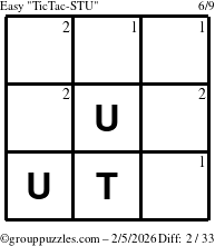 The grouppuzzles.com Easy TicTac-STU puzzle for Thursday February 5, 2026 with the first 2 steps marked