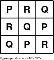 The grouppuzzles.com Answer grid for the TicTac-PQR puzzle for Friday August 8, 2025