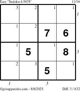 The grouppuzzles.com Easy Sudoku-4-5678 puzzle for Friday August 8, 2025 with all 3 steps marked