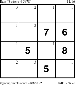 The grouppuzzles.com Easy Sudoku-4-5678 puzzle for Friday August 8, 2025 with the first 3 steps marked