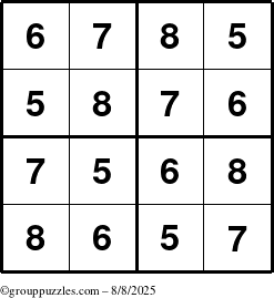 The grouppuzzles.com Answer grid for the Sudoku-4-5678 puzzle for Friday August 8, 2025