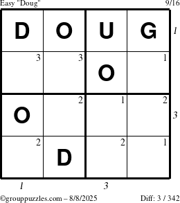 The grouppuzzles.com Easy Doug puzzle for Friday August 8, 2025 with all 3 steps marked