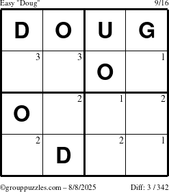 The grouppuzzles.com Easy Doug puzzle for Friday August 8, 2025 with the first 3 steps marked