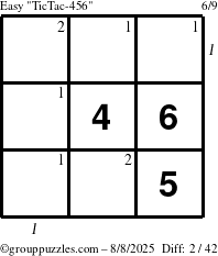 The grouppuzzles.com Easy TicTac-456 puzzle for Friday August 8, 2025 with all 2 steps marked