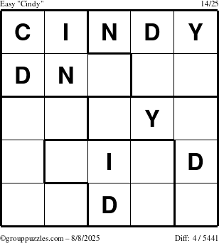 The grouppuzzles.com Easy Cindy puzzle for Friday August 8, 2025