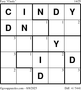 The grouppuzzles.com Easy Cindy puzzle for Friday August 8, 2025 with the first 3 steps marked
