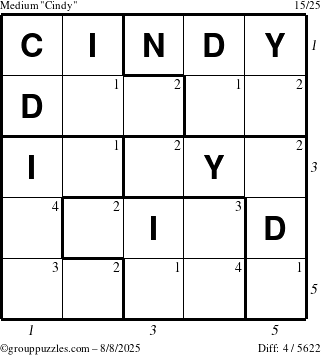The grouppuzzles.com Medium Cindy puzzle for Friday August 8, 2025 with all 4 steps marked