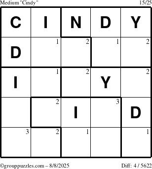 The grouppuzzles.com Medium Cindy puzzle for Friday August 8, 2025 with the first 3 steps marked