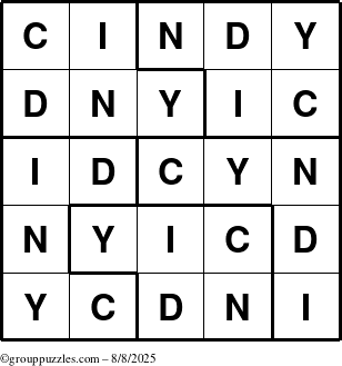 The grouppuzzles.com Answer grid for the Cindy puzzle for Friday August 8, 2025