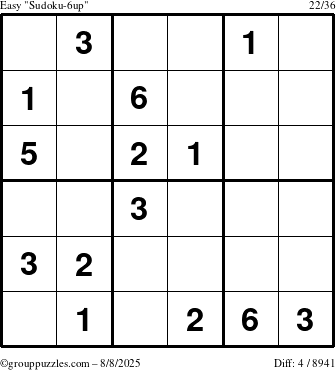 The grouppuzzles.com Easy Sudoku-6up puzzle for Friday August 8, 2025