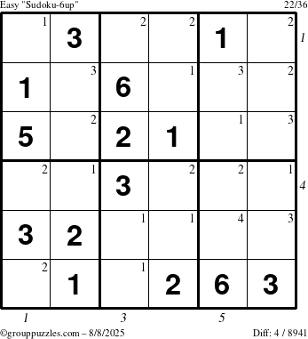 The grouppuzzles.com Easy Sudoku-6up puzzle for Friday August 8, 2025 with all 4 steps marked