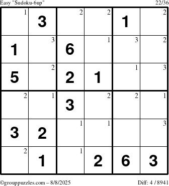 The grouppuzzles.com Easy Sudoku-6up puzzle for Friday August 8, 2025 with the first 3 steps marked