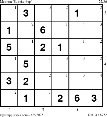 The grouppuzzles.com Medium Sudoku-6up puzzle for Friday August 8, 2025 with all 4 steps marked