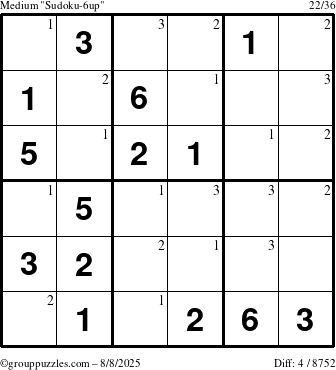 The grouppuzzles.com Medium Sudoku-6up puzzle for Friday August 8, 2025 with the first 3 steps marked