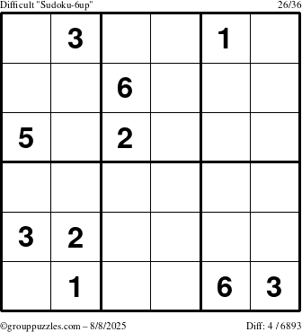The grouppuzzles.com Difficult Sudoku-6up puzzle for Friday August 8, 2025