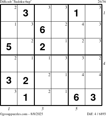 The grouppuzzles.com Difficult Sudoku-6up puzzle for Friday August 8, 2025 with all 4 steps marked
