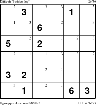The grouppuzzles.com Difficult Sudoku-6up puzzle for Friday August 8, 2025 with the first 3 steps marked