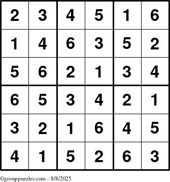 The grouppuzzles.com Answer grid for the Sudoku-6up puzzle for Friday August 8, 2025
