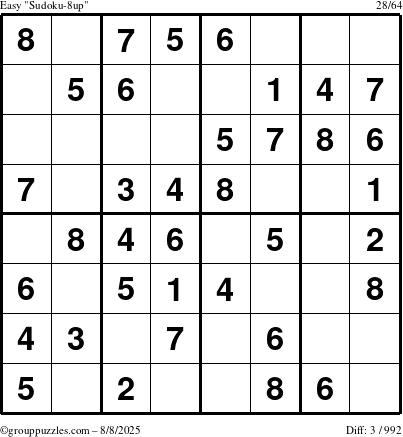 The grouppuzzles.com Easy Sudoku-8up puzzle for Friday August 8, 2025