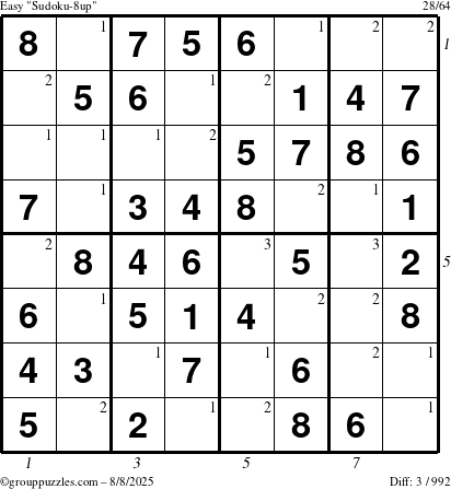 The grouppuzzles.com Easy Sudoku-8up puzzle for Friday August 8, 2025 with all 3 steps marked