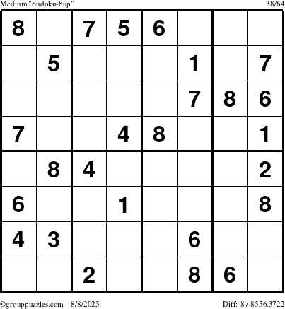 The grouppuzzles.com Medium Sudoku-8up puzzle for Friday August 8, 2025