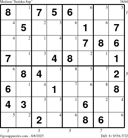 The grouppuzzles.com Medium Sudoku-8up puzzle for Friday August 8, 2025 with all 8 steps marked