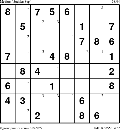 The grouppuzzles.com Medium Sudoku-8up puzzle for Friday August 8, 2025 with the first 3 steps marked