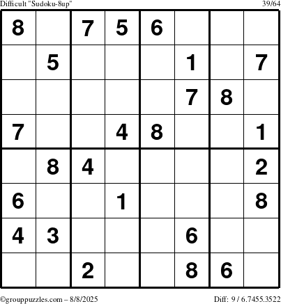 The grouppuzzles.com Difficult Sudoku-8up puzzle for Friday August 8, 2025