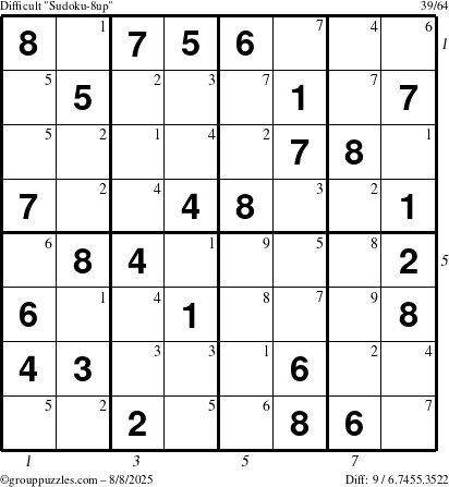 The grouppuzzles.com Difficult Sudoku-8up puzzle for Friday August 8, 2025 with all 9 steps marked