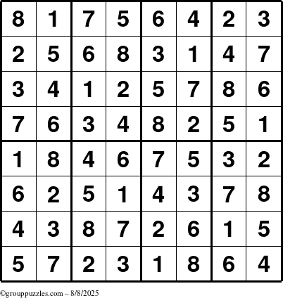 The grouppuzzles.com Answer grid for the Sudoku-8up puzzle for Friday August 8, 2025