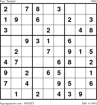 The grouppuzzles.com Easy Sudoku puzzle for Friday August 8, 2025