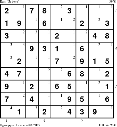 The grouppuzzles.com Easy Sudoku puzzle for Friday August 8, 2025 with all 4 steps marked
