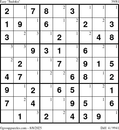 The grouppuzzles.com Easy Sudoku puzzle for Friday August 8, 2025 with the first 3 steps marked