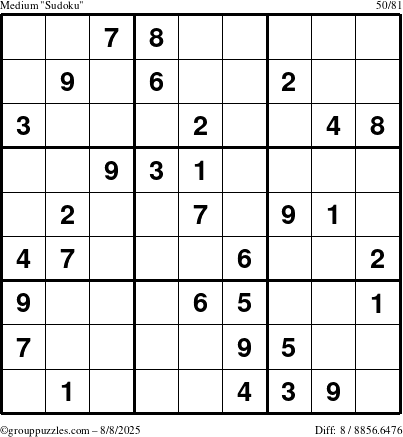 The grouppuzzles.com Medium Sudoku puzzle for Friday August 8, 2025