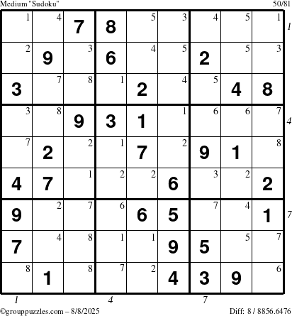 The grouppuzzles.com Medium Sudoku puzzle for Friday August 8, 2025 with all 8 steps marked