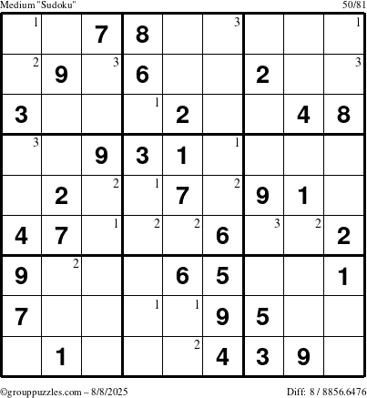 The grouppuzzles.com Medium Sudoku puzzle for Friday August 8, 2025 with the first 3 steps marked
