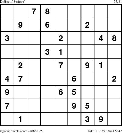 The grouppuzzles.com Difficult Sudoku puzzle for Friday August 8, 2025