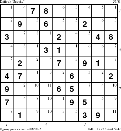 The grouppuzzles.com Difficult Sudoku puzzle for Friday August 8, 2025 with all 11 steps marked