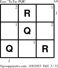 The grouppuzzles.com Easy TicTac-PQR puzzle for Friday August 8, 2025 with all 2 steps marked