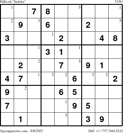 The grouppuzzles.com Difficult Sudoku puzzle for Friday August 8, 2025 with the first 3 steps marked