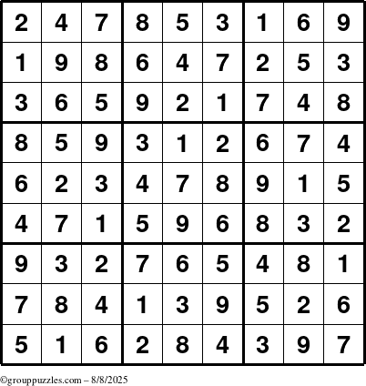 The grouppuzzles.com Answer grid for the Sudoku puzzle for Friday August 8, 2025